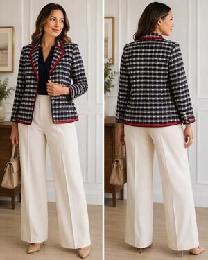 Court & Rowe Plaid Tweed Blazer 20W Plus Size Satin Trim Gold Buttons Nautical